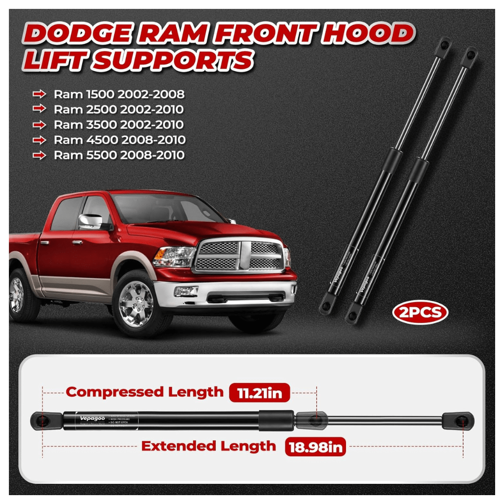 RASE Tire and Auto LLC  2 Front Hood Gas Lift Supports Struts 4364 Compatible for 2002-2010 Dodge Ram 1500/2500/3500/4500/5500 Spring Shocks