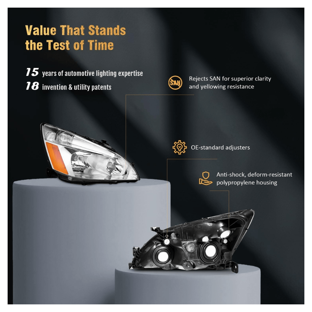 RASE Tire and Auto LLC 2003-2007 Honda Accord, OE Headlight Coupe/Sedan Chrome Housing Amber Reflector Driver+Passenger Side 2/4-Door