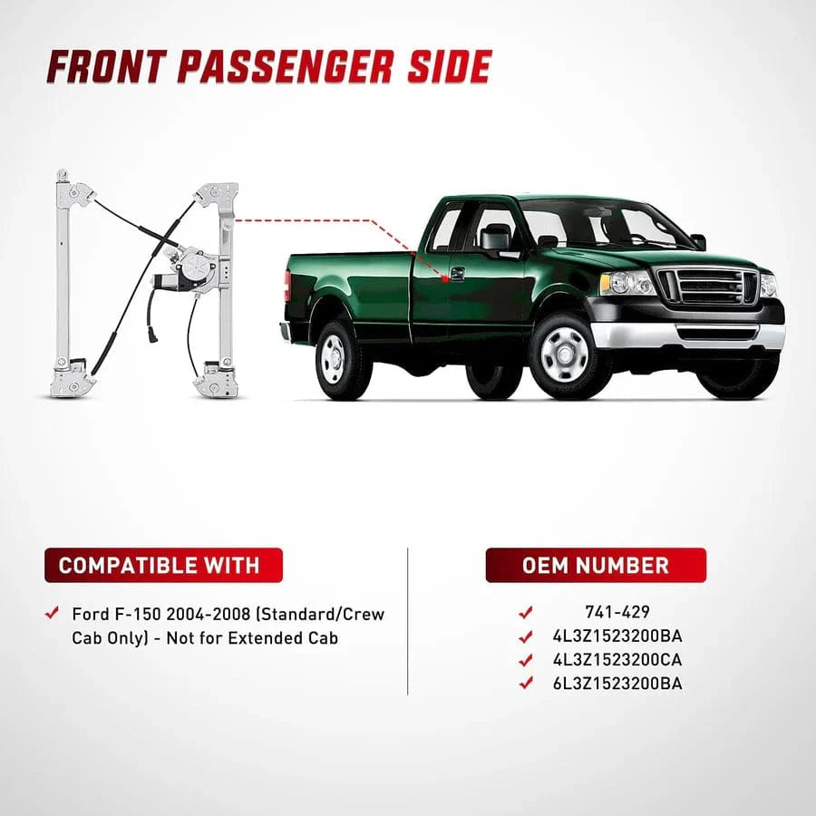 Rase Tire and Auto LLC car parts Front Passenger Side Power Window Regulator/Motor Compatible with Ford F150 2004 2005 2006
2007
2008(Standard/Crew Cab Only) Right Side 741-429