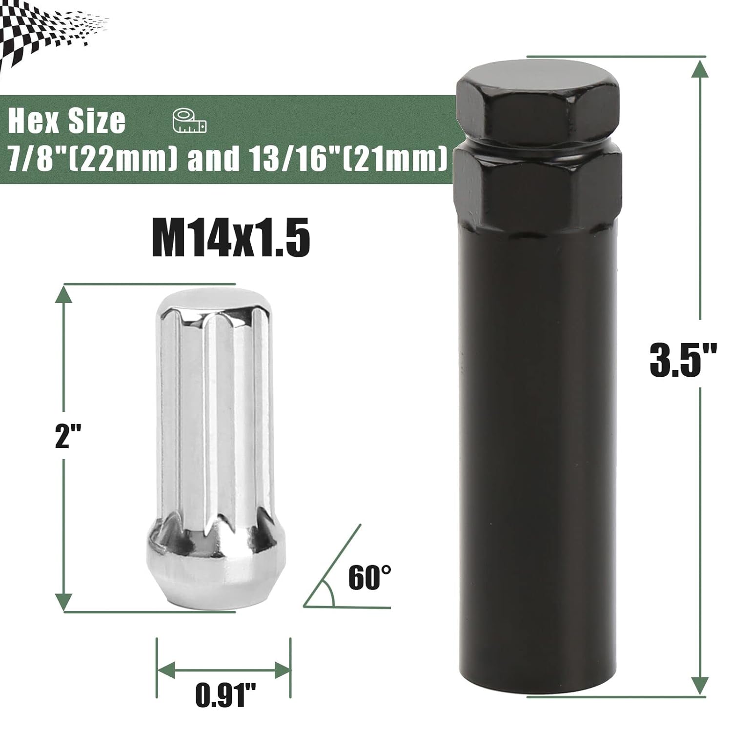 RASE Tire and Auto LLC Chrome Lug Nuts 24 Pack, M14x1.5 Spline Conical Bulge Seat with Socket Key for GMC Yukon, Chevy Suburban Avalanche Silverado 1500, Ford F150