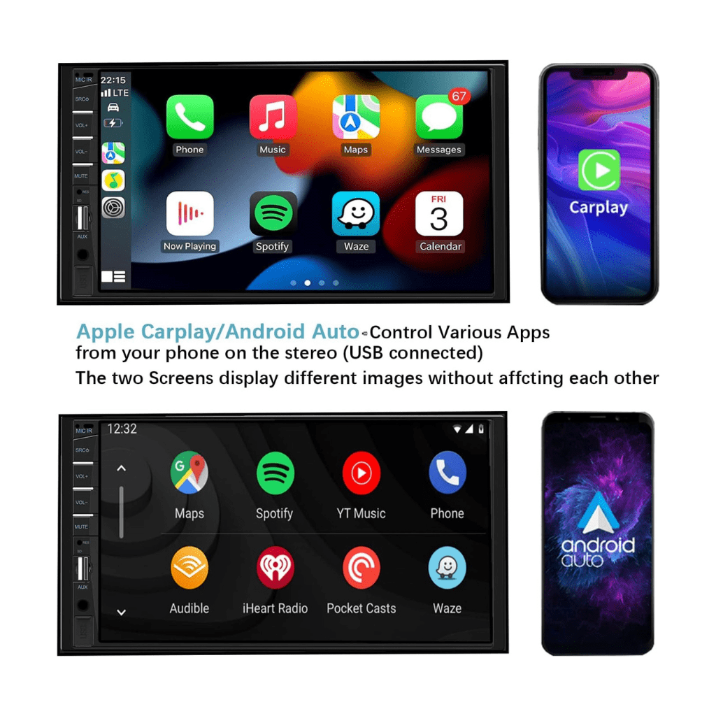 RASE Tire and Auto LLC Double Din Car Stereo Compatible with Apple Carplay and Android Auto, 7 inch HD Touchscreen Car Radio Car Audio Receivers, Bluetooth, Backup Camera, Mirror Link, USB/AUX/TF/Subwoofer, FM Radio