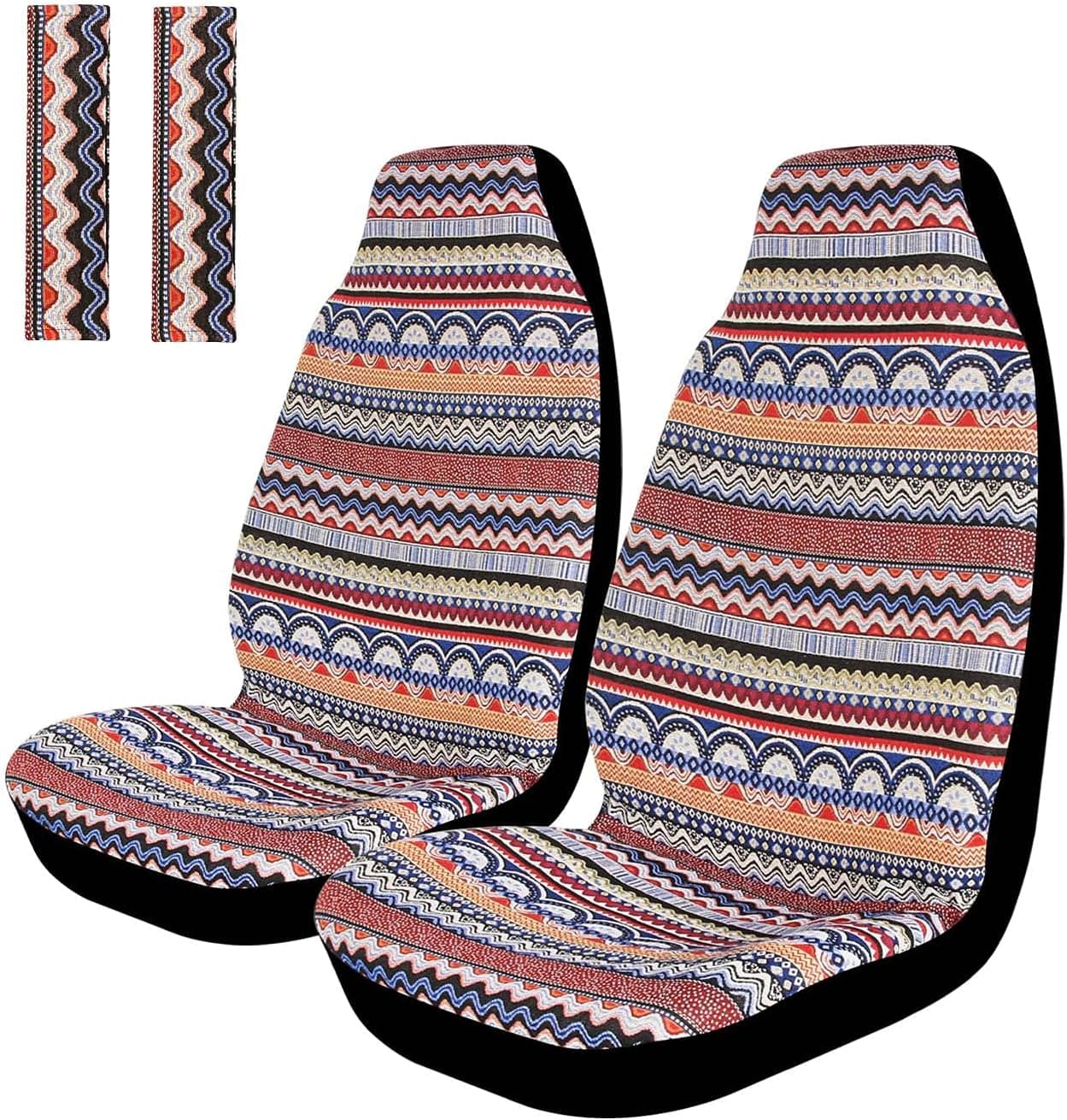 RASE Tire and Auto LLC Multi Color - Orange - Red - Blue Bojo 2pc Front Seat Covers and 2pc Seat Belt Protectors