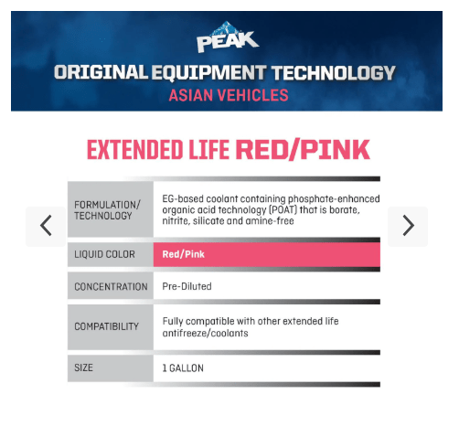 RASE Tire and Auto LLC PEAK Original Equipment Technology Asian Vehicles Red, Pink Antifreeze and Coolant 50/50 prediluted