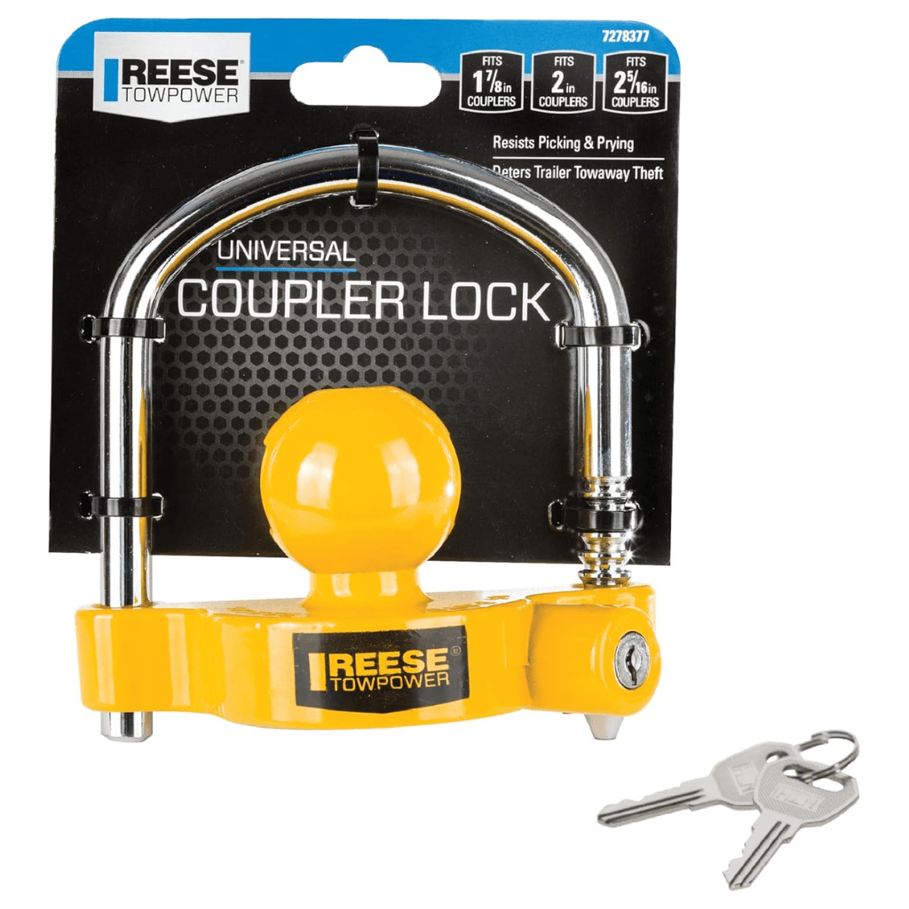 RASE Tire and Auto LLC REESE Towpower 72783 Coupler Lock, Adjustable Storage Security, Heavy-Duty Steel, Yellow and Chrome ( Universal Fit)