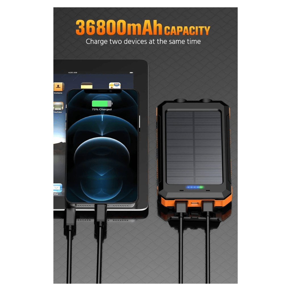 RASE Tire and Auto LLC Solar-Charger-Power-Bank - 36800mAh Portable Charger,QC3.0 Fast Charger Dual USB Port Built-in Led Flashlight and Compass for All Cell Phone and Electronic Devices (Orange)