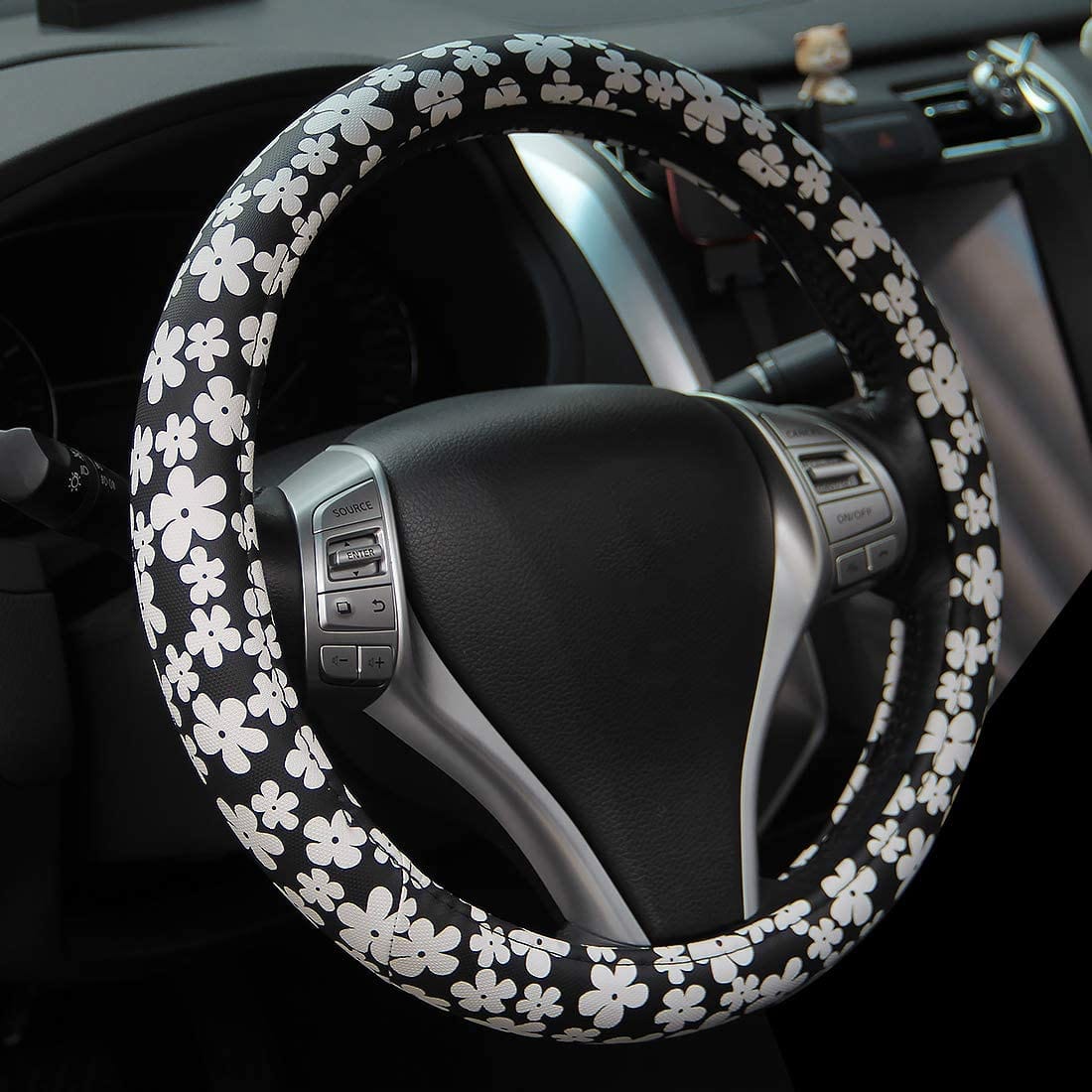 RASE Tire and Auto LLC Black | White flower - PU Universal Black Steering Wheel Cover fits Most Cars Diameter of 14.5-15'' Breathable