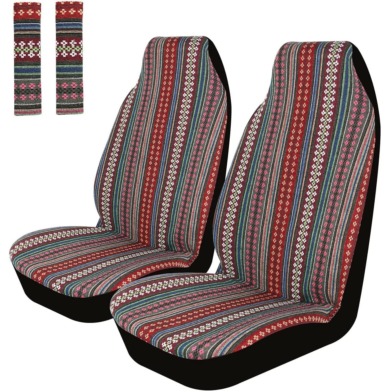 RASE Tire and Auto LLC Multi Color - Red Bojo 2pc Front Seat Covers and 2pc Seat Belt Protectors