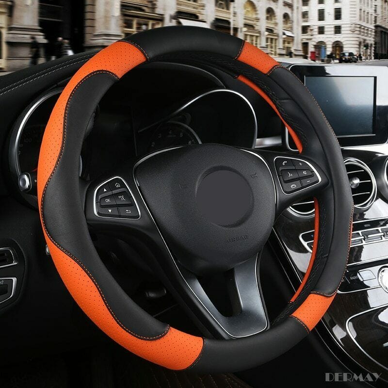 RASE Tire and Auto LLC Orange | Black- PU Universal Black Steering Wheel Cover fits Most Cars Diameter of 14.5-15'' Breathable
