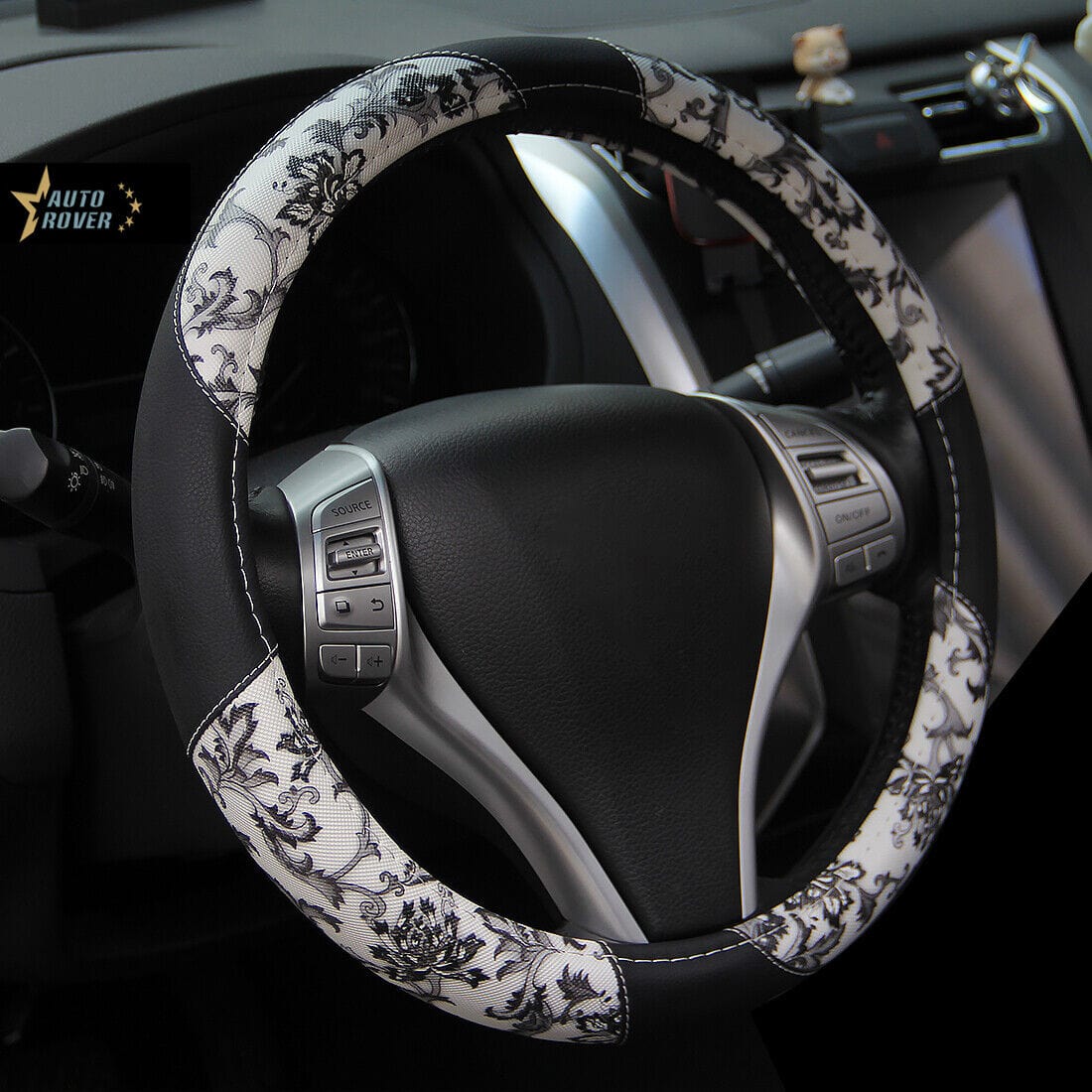 RASE Tire and Auto LLC White black Flower Print - PU Universal Black Steering Wheel Cover fits Most Cars Diameter of 14.5-15'' Breathable