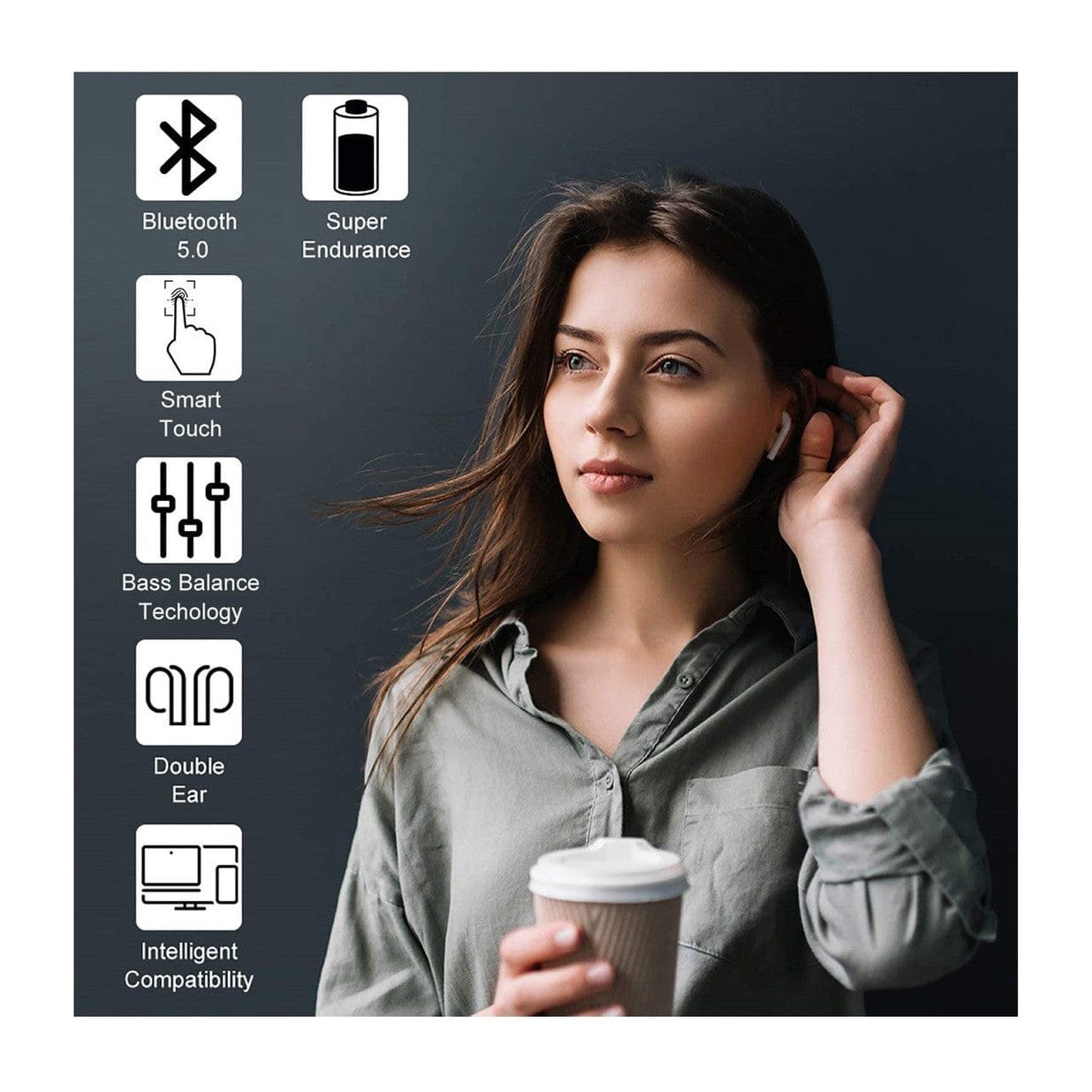 RASE Tire and Auto LLC Wireless Earbud Bluetooth with Charging Case for Android/Apple iPhone - White