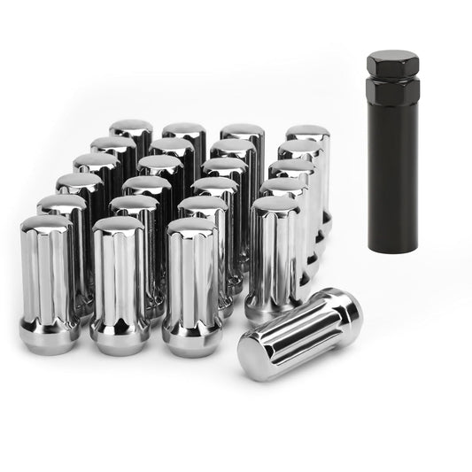 Chrome Lug Nuts 24 Pack, M14x1.5 Spline Conical Bulge Seat with Socket Key for GMC Yukon, Chevy Suburban Avalanche Silverado 1500, Ford F150