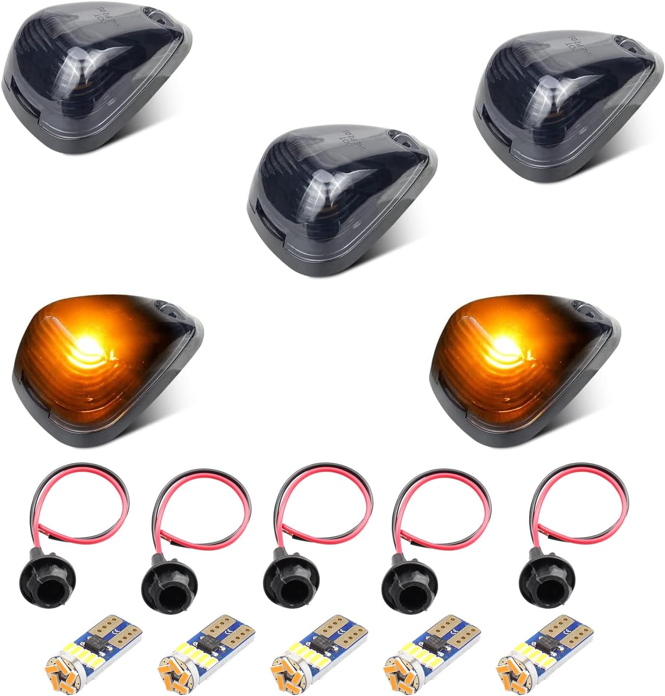Cab Lights Smoked Lens Roof Top Clearance Marker Lights with Amber T10 Bulbs Base Wiring Harness Sockets Compatible with Ford F150 F250 F550 F350 F450 Super Duty
