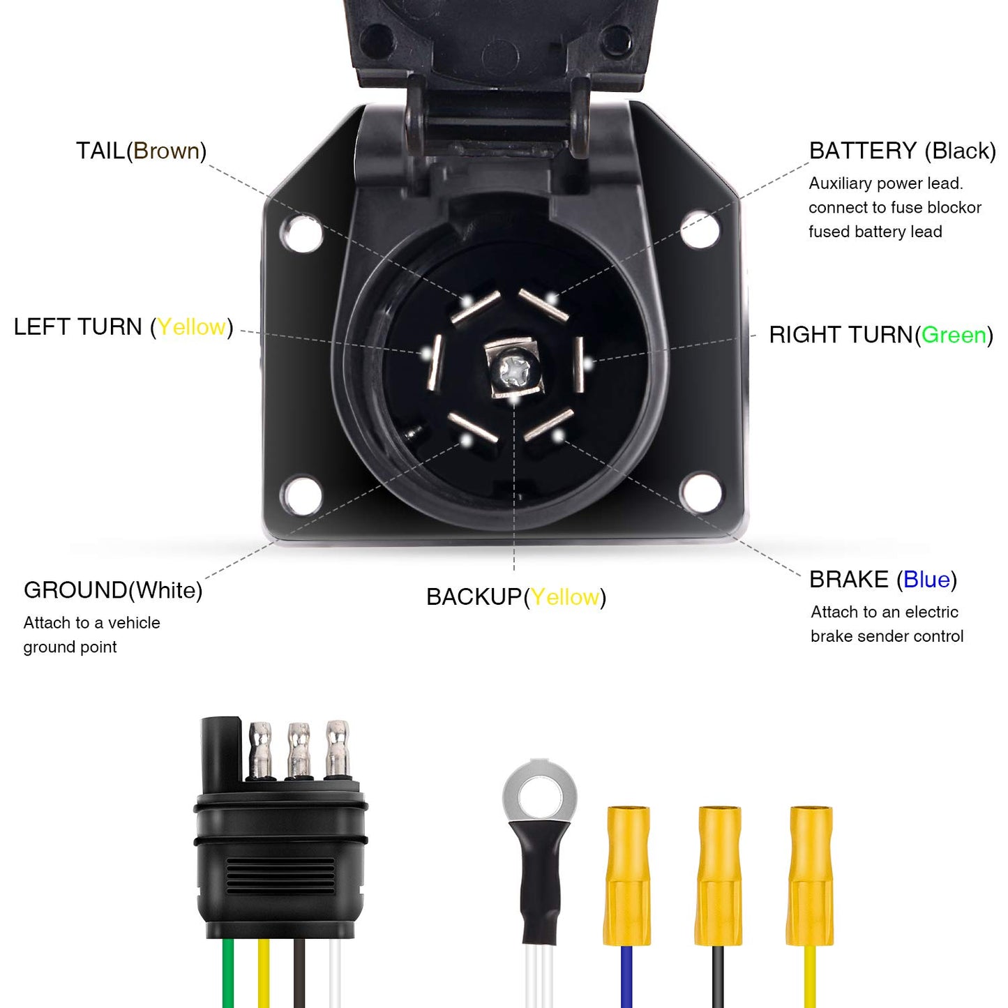 4-Way Flat to 7-Way Round RV Blade Trailer Adapter Reverse Plug with mounting Bracket