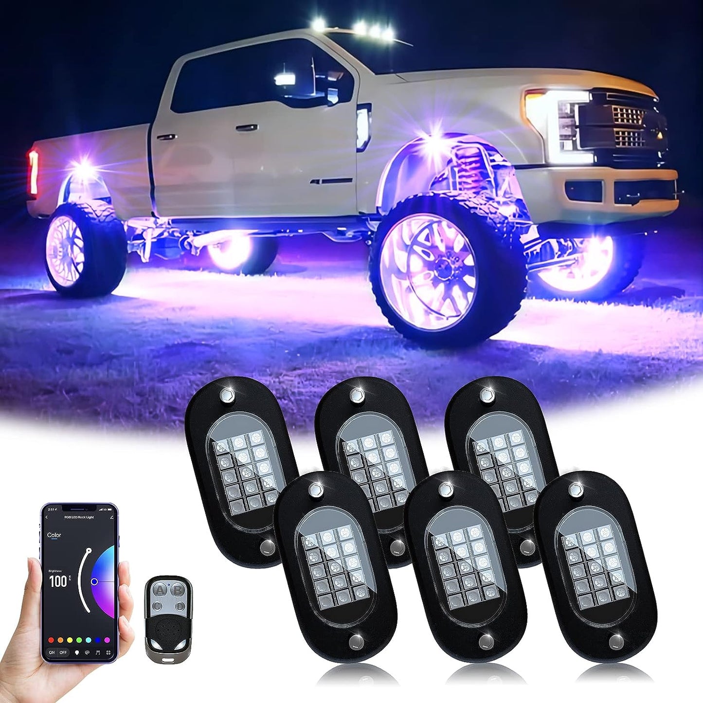 RGB LED Rock Lights, with Phone App/Remote Control & Timing & Music Mode Waterproof AUTO (6 Pods)