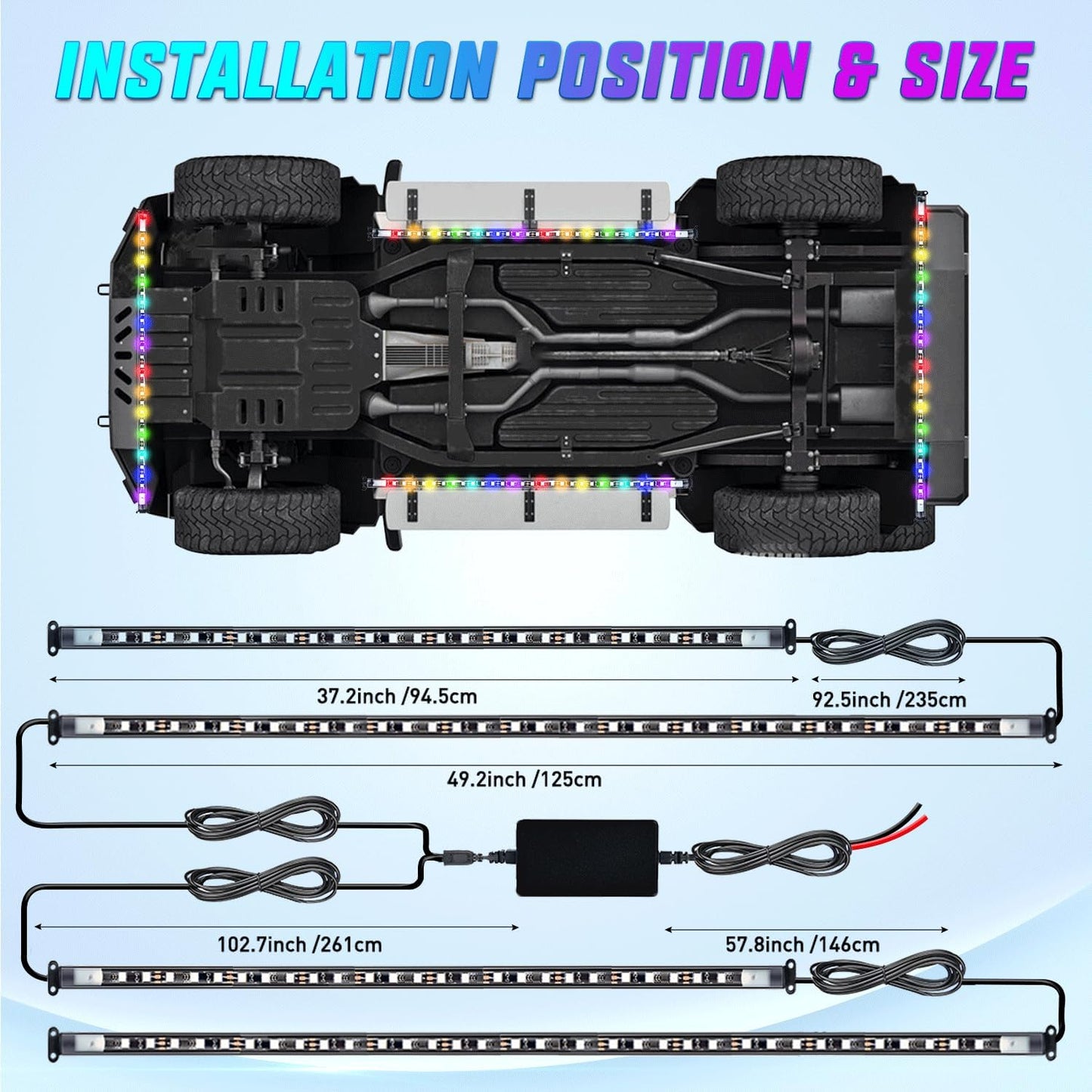 4Pcs Underglow Neon Strip Light LEDs RGBIC Multi Color Sound Active Function w/ APP Control Remote