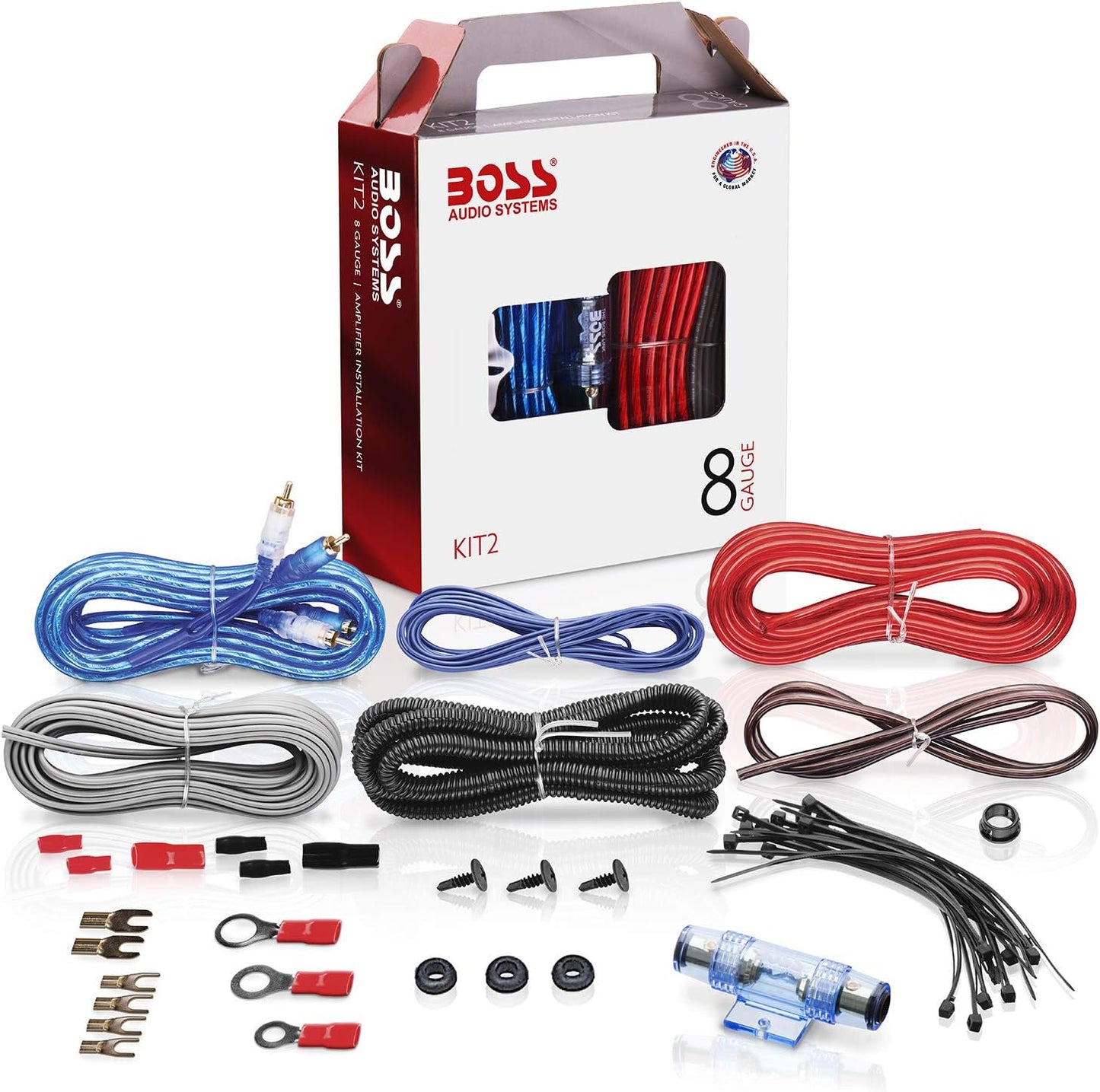 BOSS Audio Systems KIT2 8 Gauge Complete Car Amplifier Installation Wiring Kit with Power Cables, Ground Cables, Turn-On Wire, Speaker Wire, Terminals