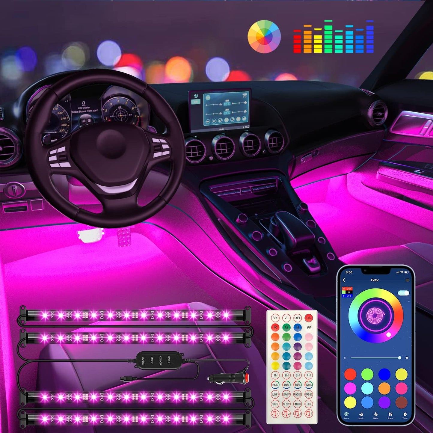 Interior Car Lights Control with Remote Color Change RGB LED