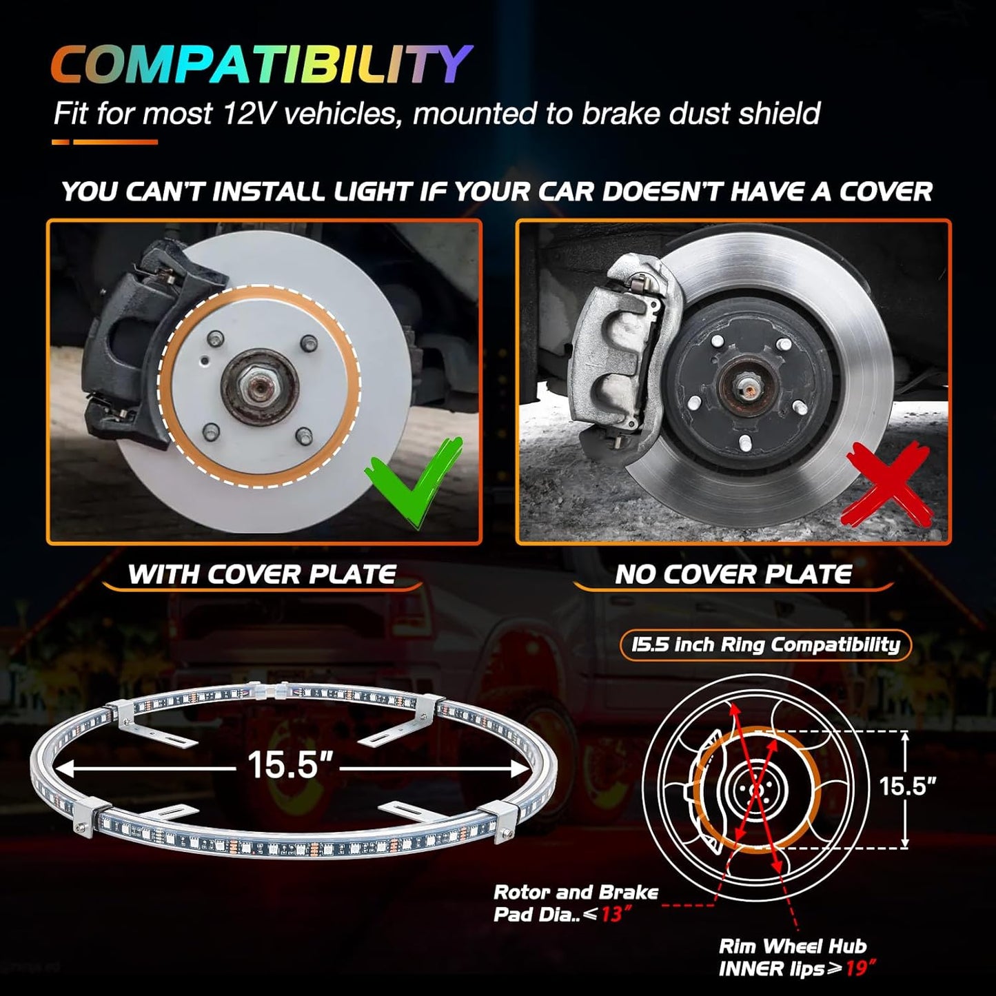 4PCS 15.5inch LED Wheel Ring Lights RGB with APP and Remote Control Neon for Car Van SUV Truck