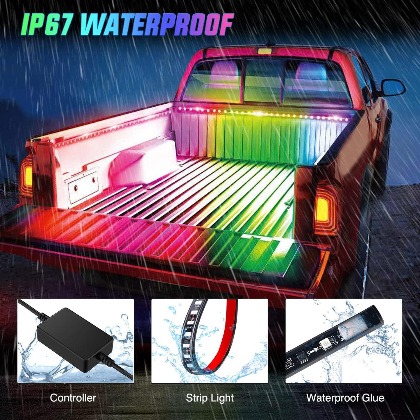 Truck Bed Light Strip RGB-IC LED Multi Color DIY Music sync w/ APP & RF Remote Control 3PCS 60 in