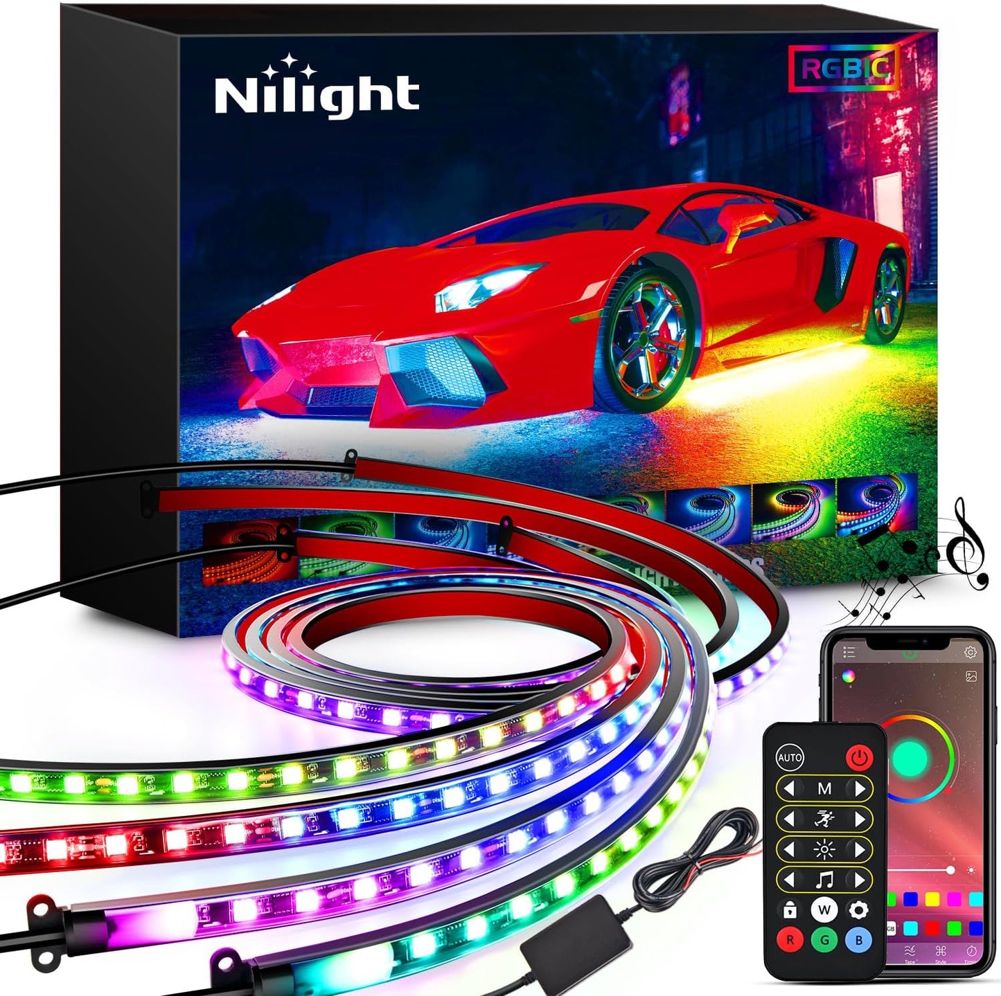 4Pcs Underglow Neon Strip Light LEDs RGBIC Multi Color Sound Active Function w/ APP Control Remote