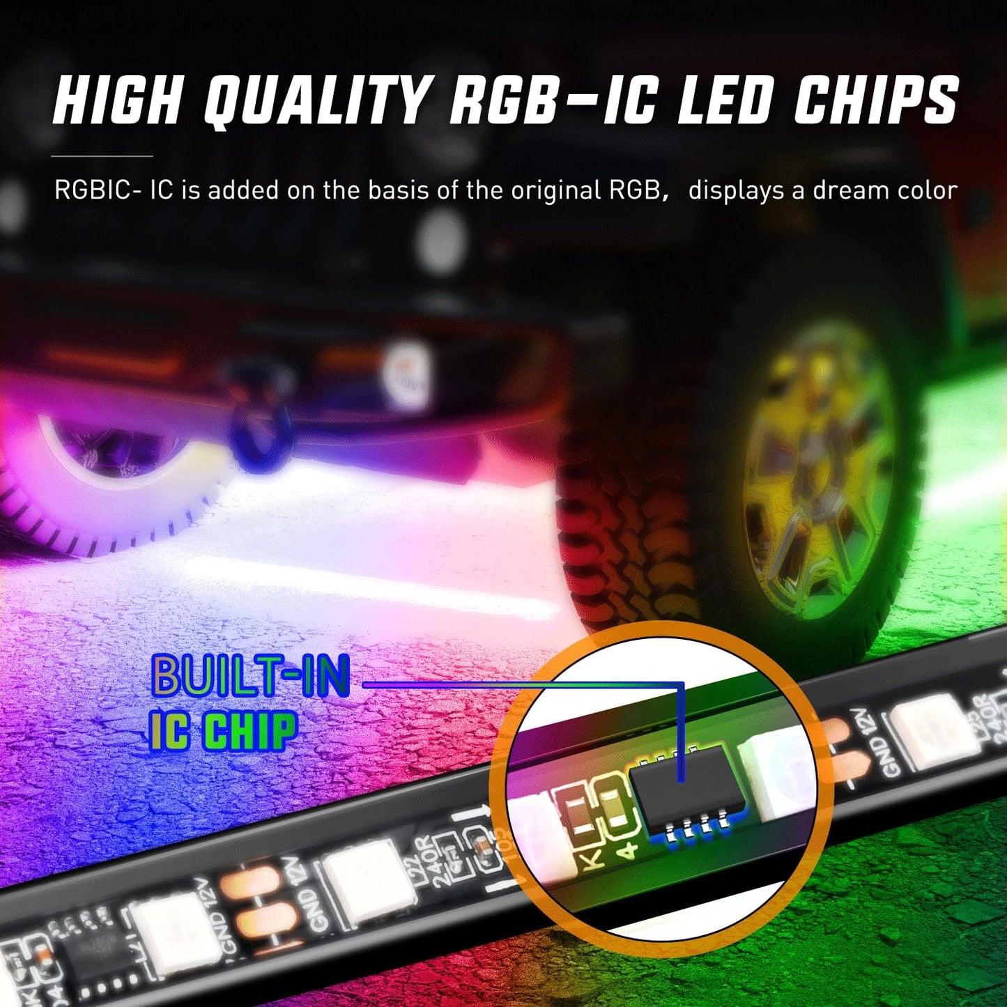 4Pcs Underglow Neon Strip Light LEDs RGBIC Multi Color Sound Active Function w/ APP Control Remote