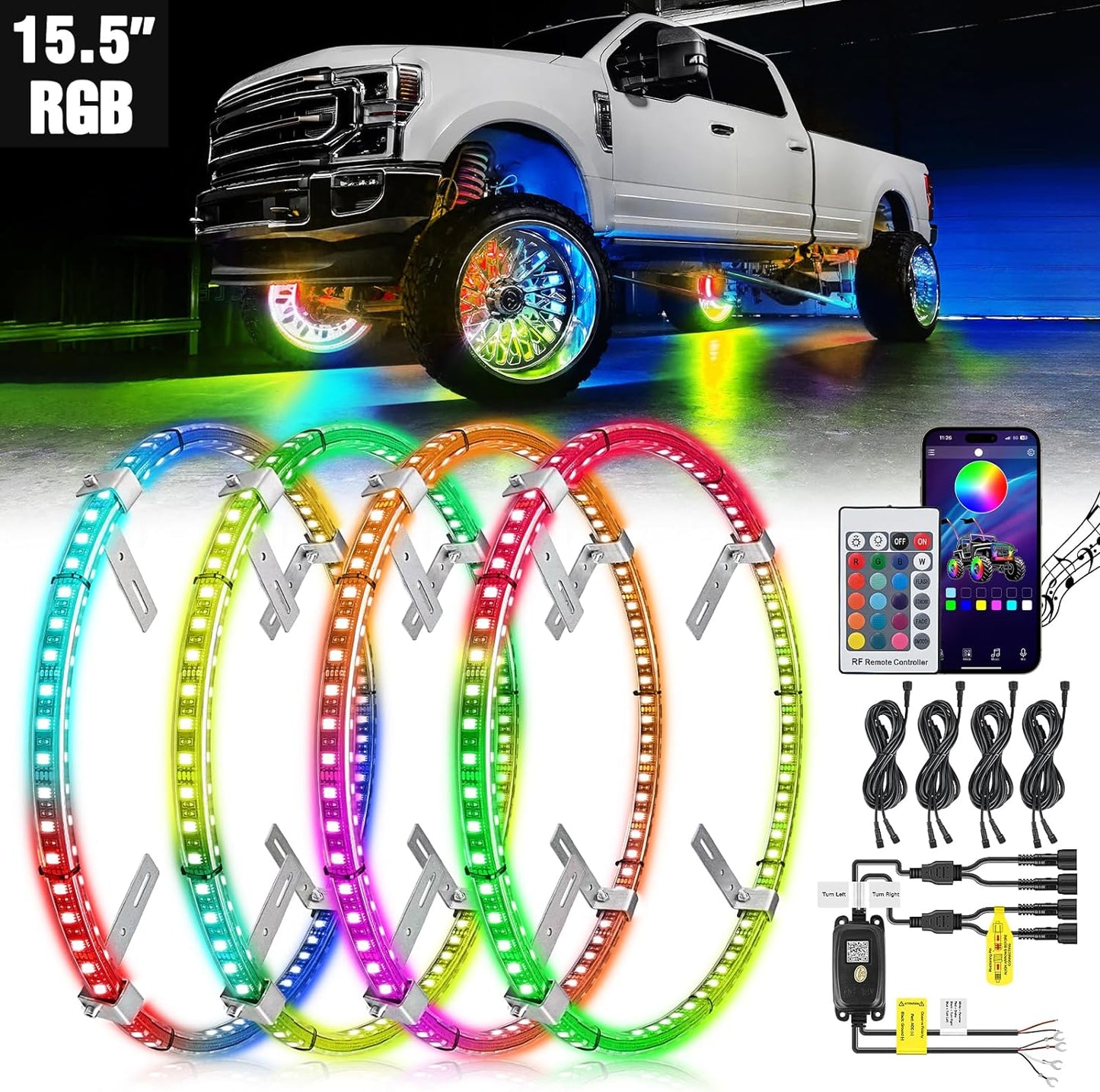 4PCS 15.5inch LED Wheel Ring Lights RGB with APP and Remote Control Neon for Car Van SUV Truck