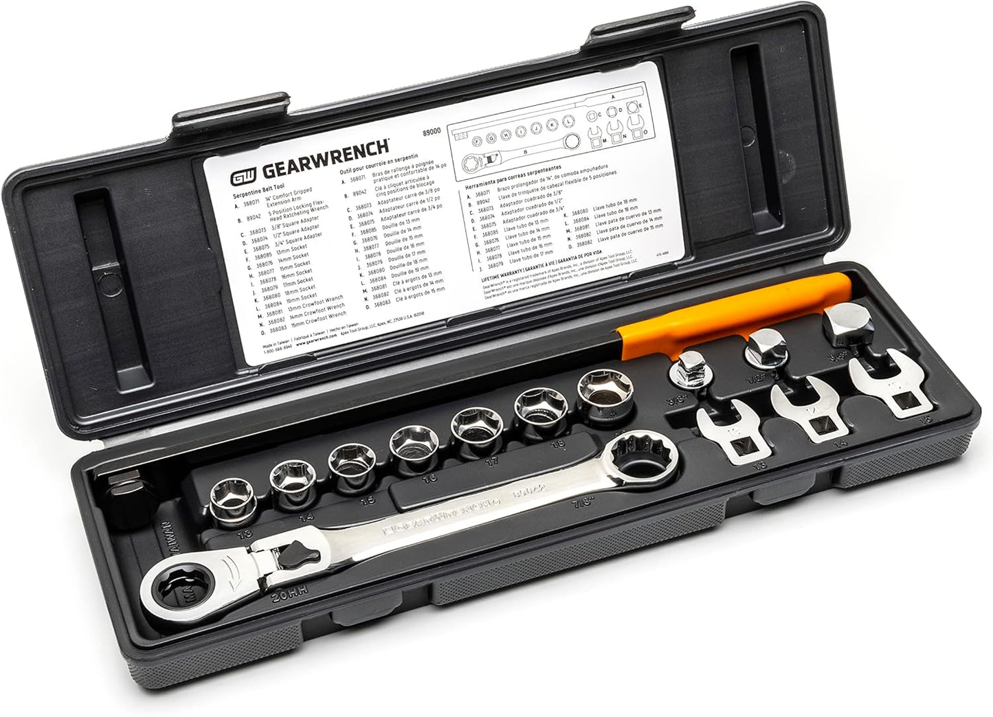 GEARWRENCH 15 Pc. Serpentine Belt Tool Set with Locking Flex Head Ratcheting Wrench - 89000