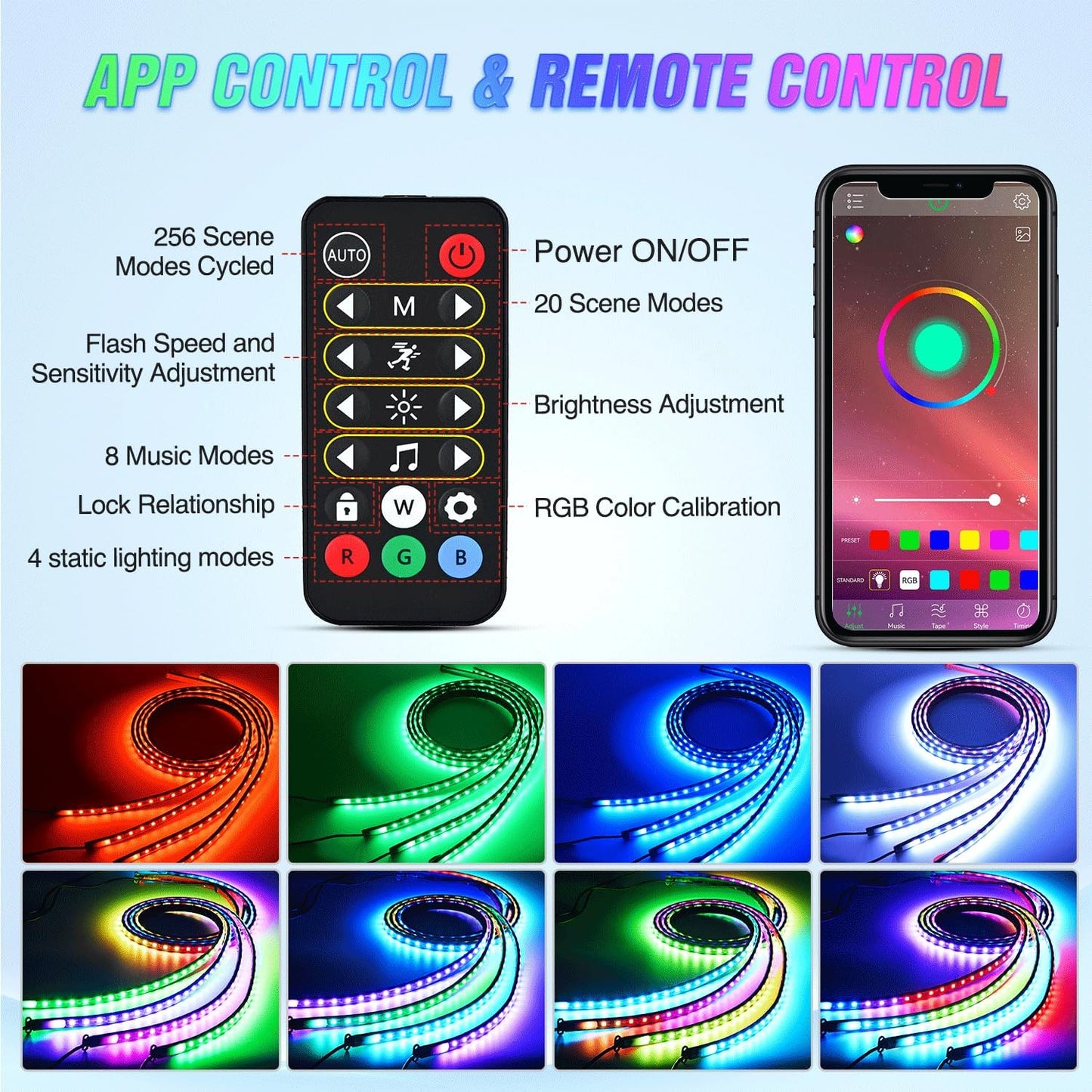 4Pcs Underglow Neon Strip Light LEDs RGBIC Multi Color Sound Active Function w/ APP Control Remote