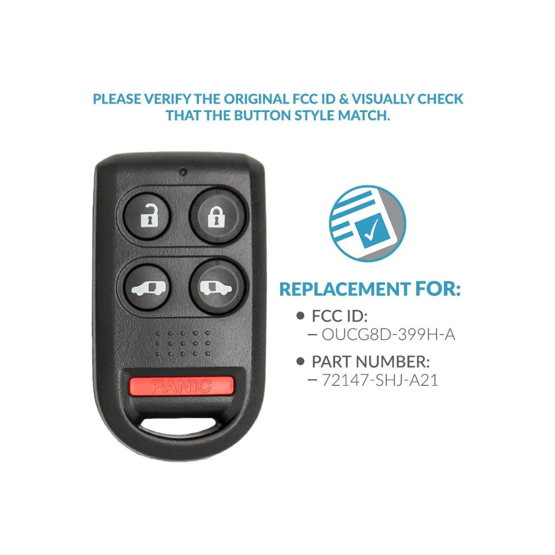 Keyless Entry Remote Car Key Fob for Select Honda Odyssey Vehicles That use OUCG8D-399H-A 72147-SHJ-A21, 5 Button