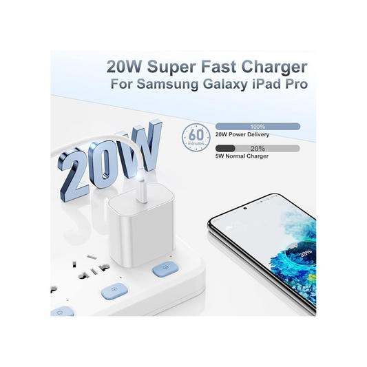 1x Fast Charger, 20W USB C Charging Block Wall Plug Power Adapter Cube Brick/6ft Type C to C Cable Cord Long