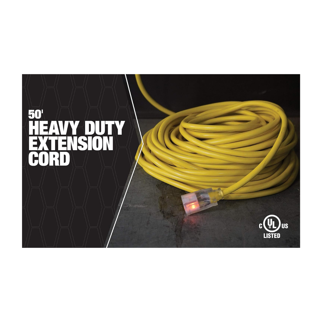 Outdoor Cord-12/3 SJTW Heavy Duty 3 Prong Extension Cord-for Commercial Use (50'; Yellow); 50 Feet