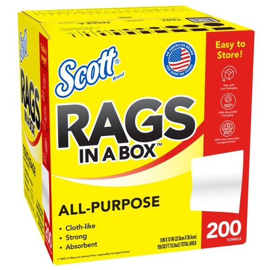 Scott Rags In A Box, 9" x 12" Sheet Size, White, Box Of 200 Rags