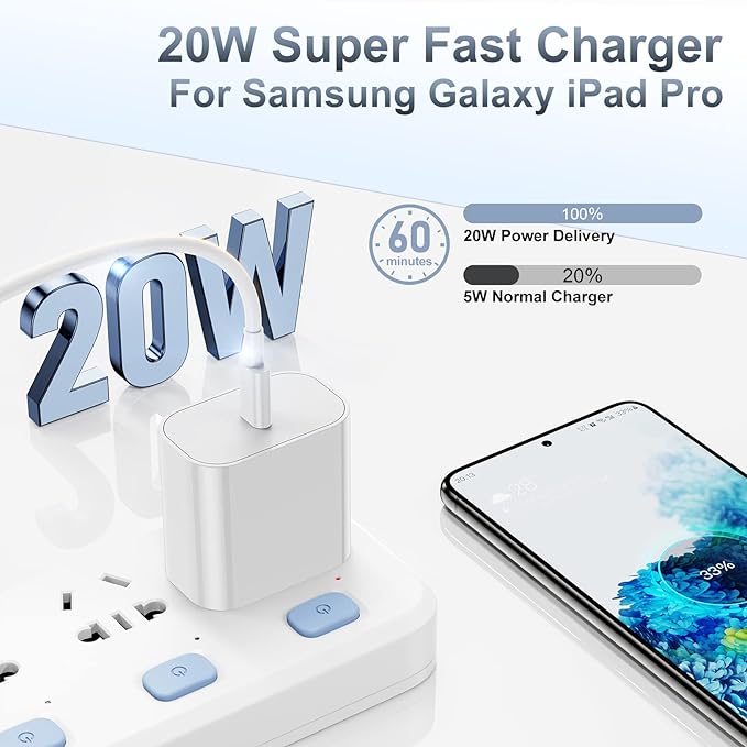 1x Fast Charger, 20W USB C Charging Block Wall Plug Power Adapter Cube Brick/6ft Type C to C Cable Cord Long