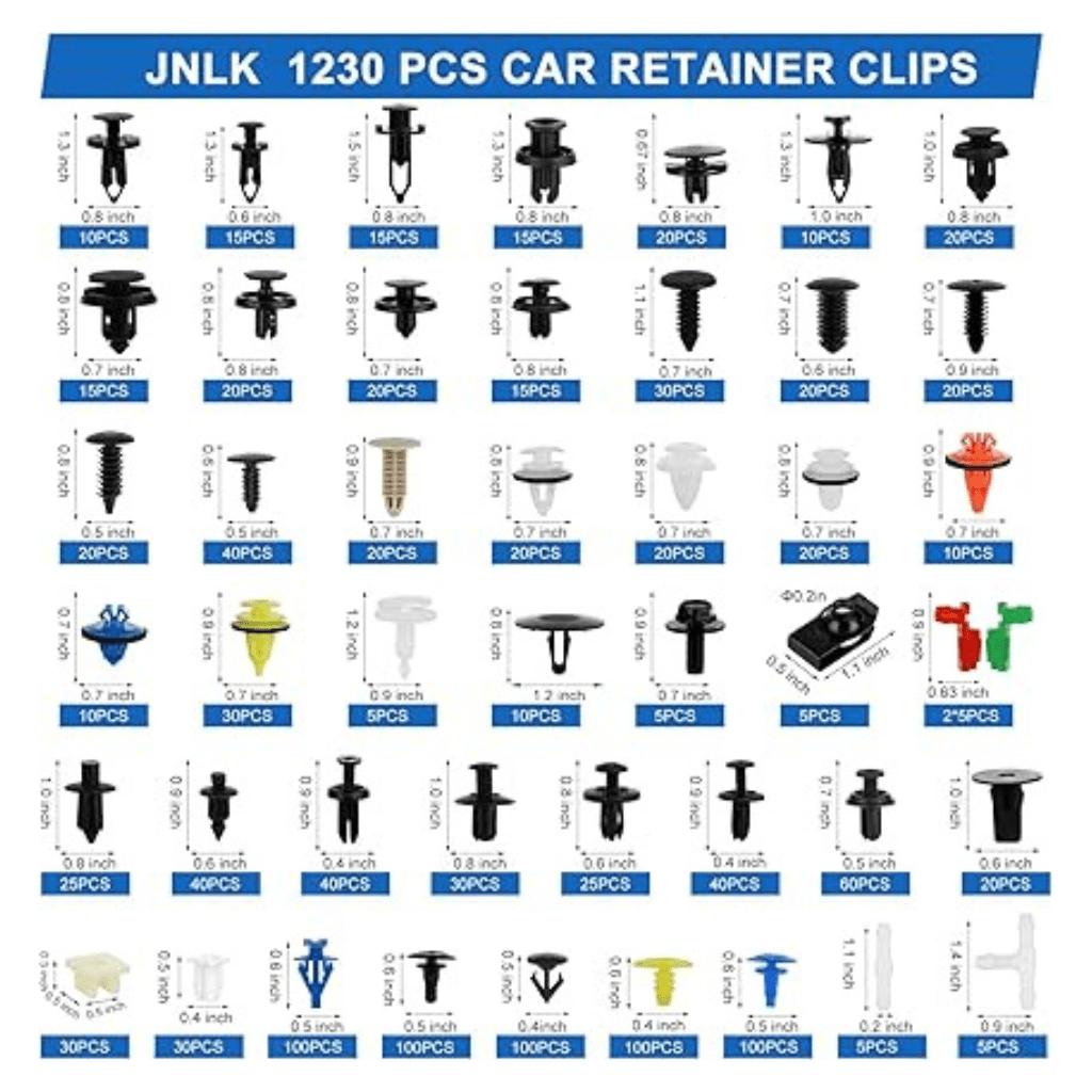 RASE Tire and Auto LLC  1365 pieces of durable nylon push retainer clips, covering 44 of the most popular sizes for automotive use.