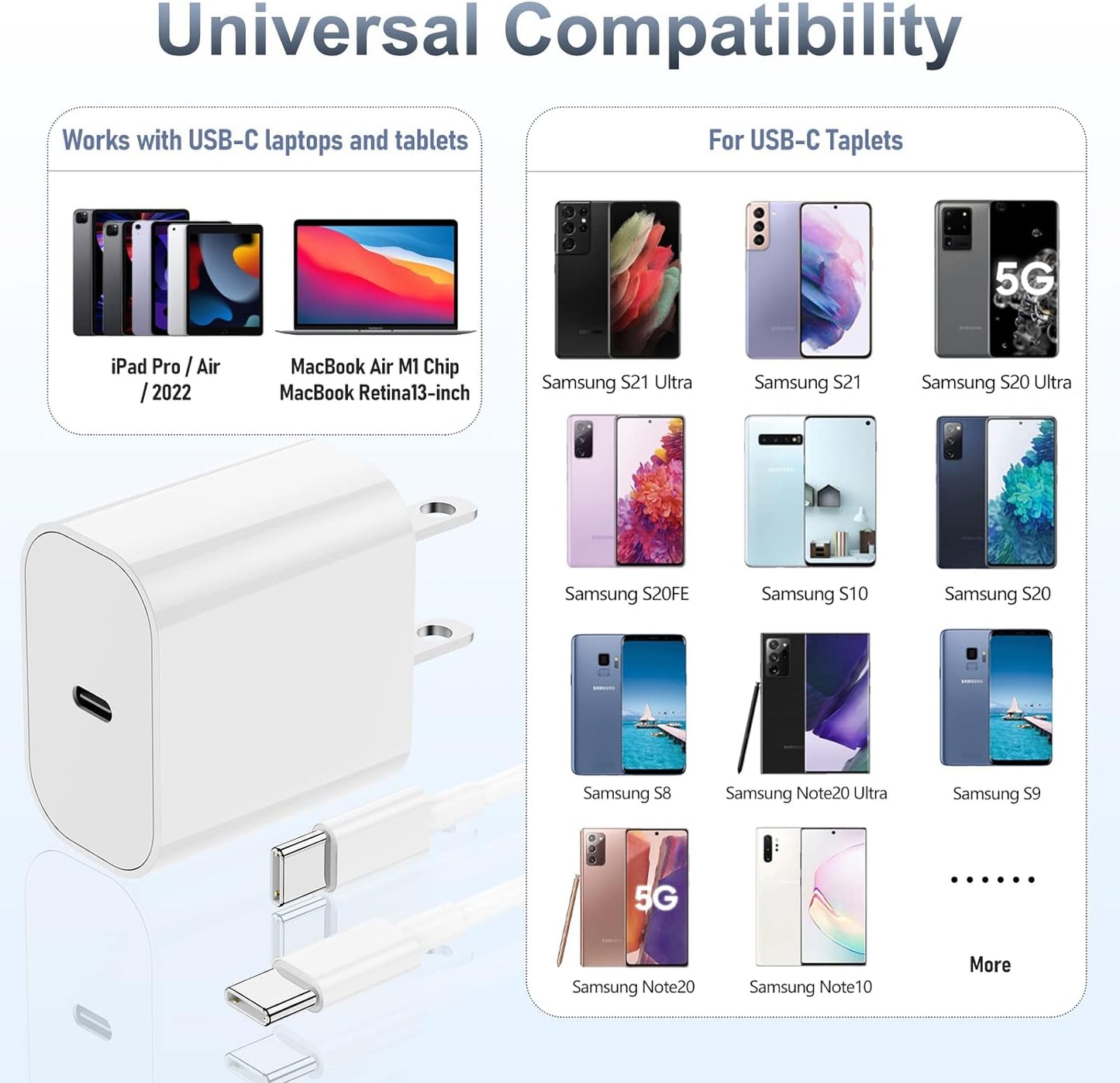 RASE Tire and Auto LLC 1x Fast Charger, 20W USB C Charging Block Wall Plug Power Adapter Cube Brick/6ft Type C to C Cable Cord Long
