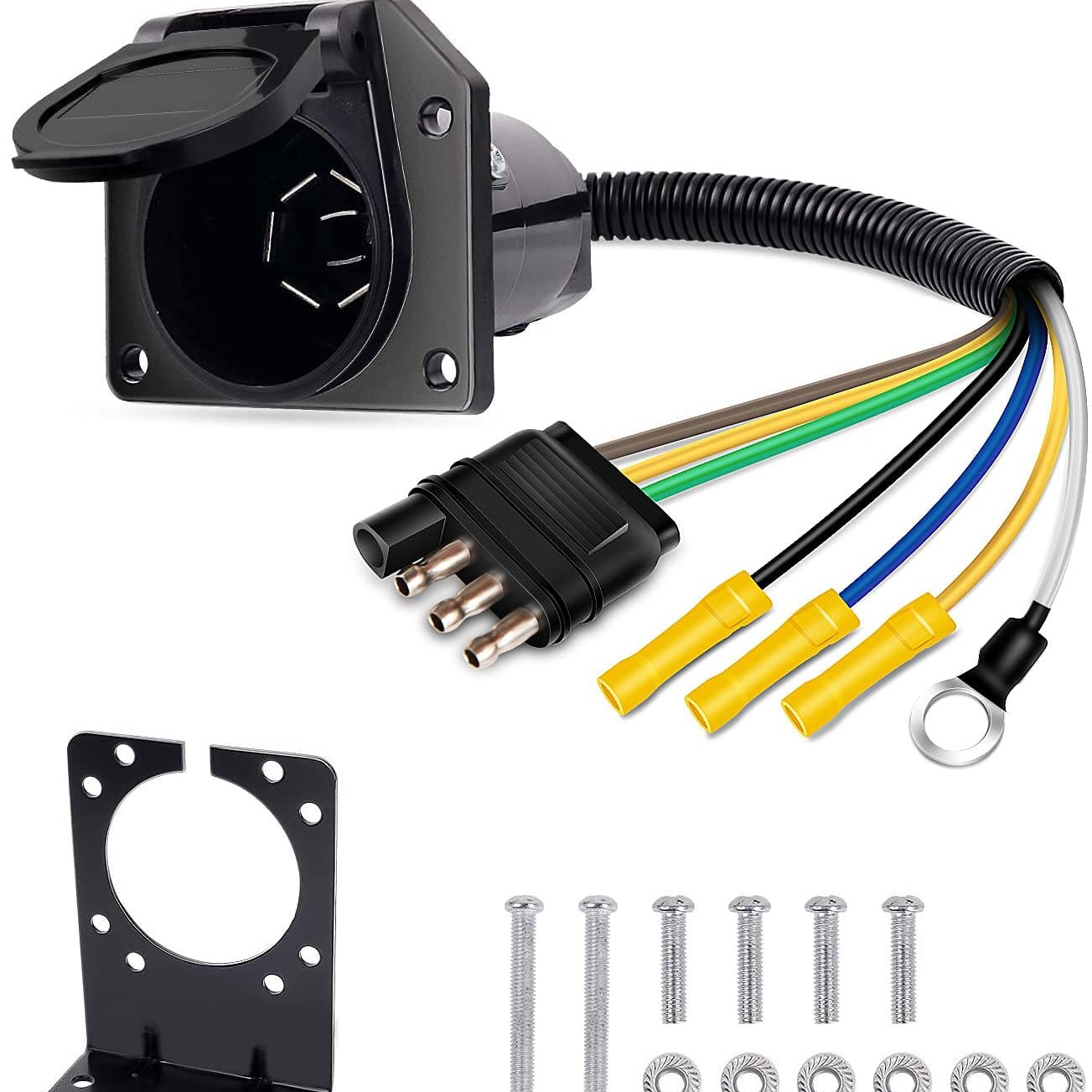 Quantum Reverse Plug 4-Way Flat to 7-Way Round RV Blade Trailer Adapter Reverse Plug with m ...