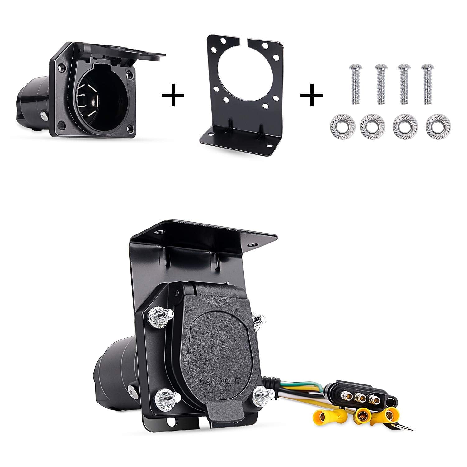 RASE Tire and Auto LLC 4-Way Flat to 7-Way Round RV Blade Trailer Adapter Reverse Plug with mounting Bracket