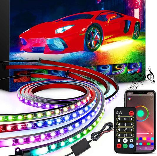 RASE Tire and Auto LLC 4Pcs Underglow Neon Strip Light LEDs RGBIC Multi Color Sound Active Function w/ APP Control Remote