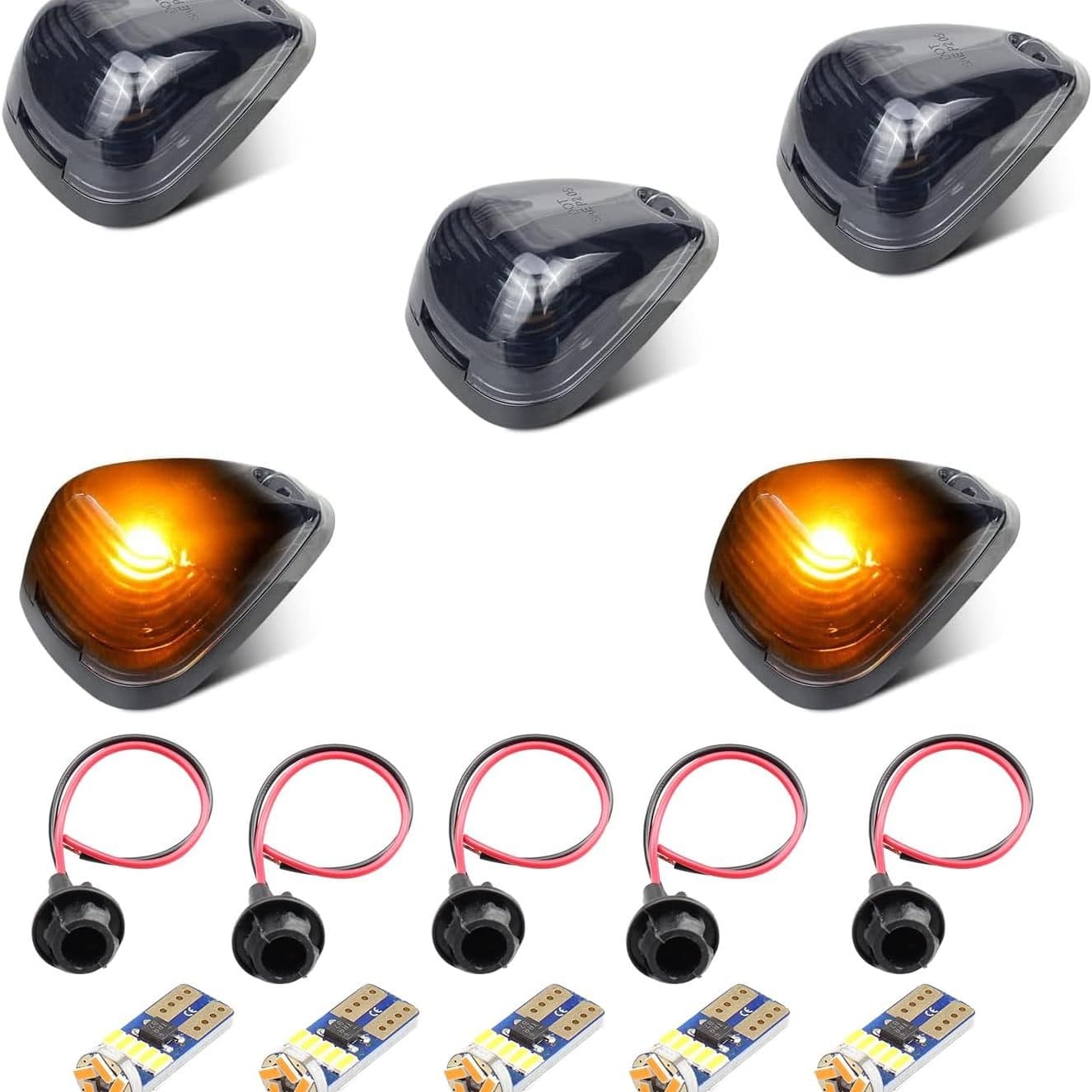 RASE Tire and Auto LLC Cab Lights Smoked Lens Roof Top Clearance Marker Lights with Amber T10 Bulbs Base Wiring Harness Sockets Compatible with Ford F150 F250 F550 F350 F450 Super Duty