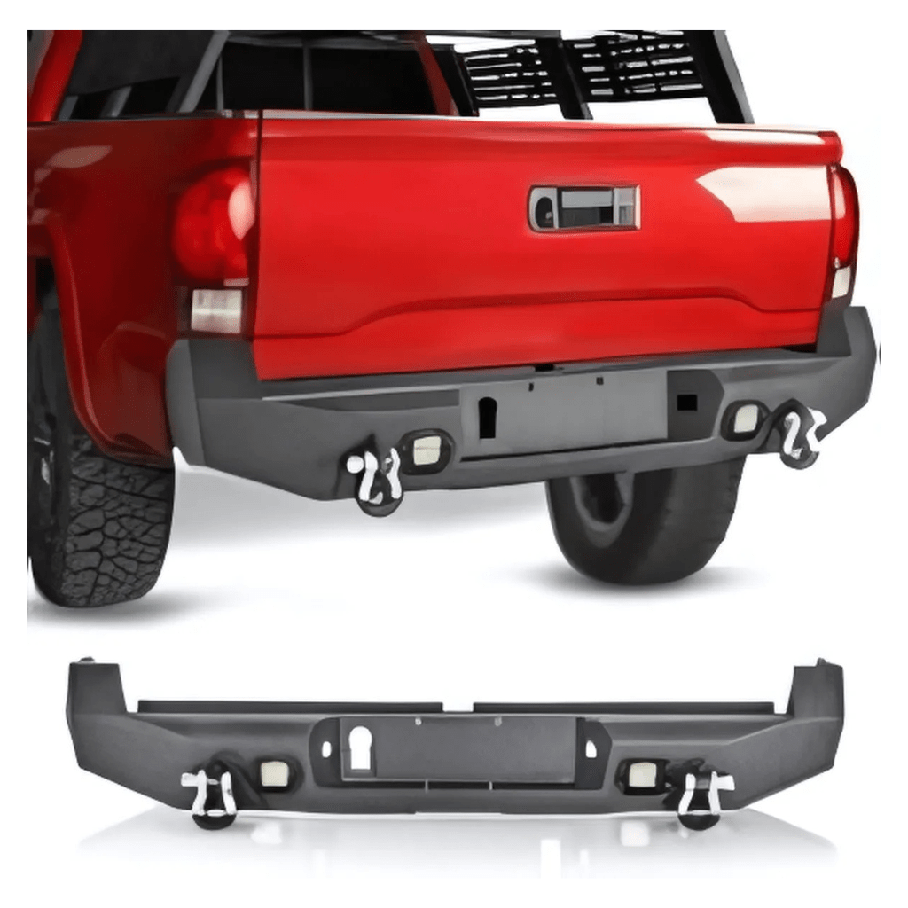 Rase Tire and Auto LLC car parts 1PC Rear Step Bumper for 2016-2023 Toyota Tacoma Full Width Pickup Truck Textured Black Solid Steel Off- Road with 2X Upgraded 18W LED Lights D- Rings