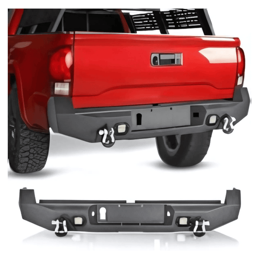 Rase Tire and Auto LLC car parts 1PC Rear Step Bumper for 2016-2023 Toyota Tacoma Full Width Pickup Truck Textured Black Solid Steel Off- Road with 2X Upgraded 18W LED Lights D- Rings