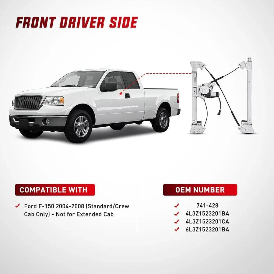 Rase Tire and Auto LLC car parts Front Driver Side Power Window Regulator/Motor Compatible with Ford F150 2004 2005 2006
2007
2008(Standard/Crew Cab Only) Left Side 741- 428