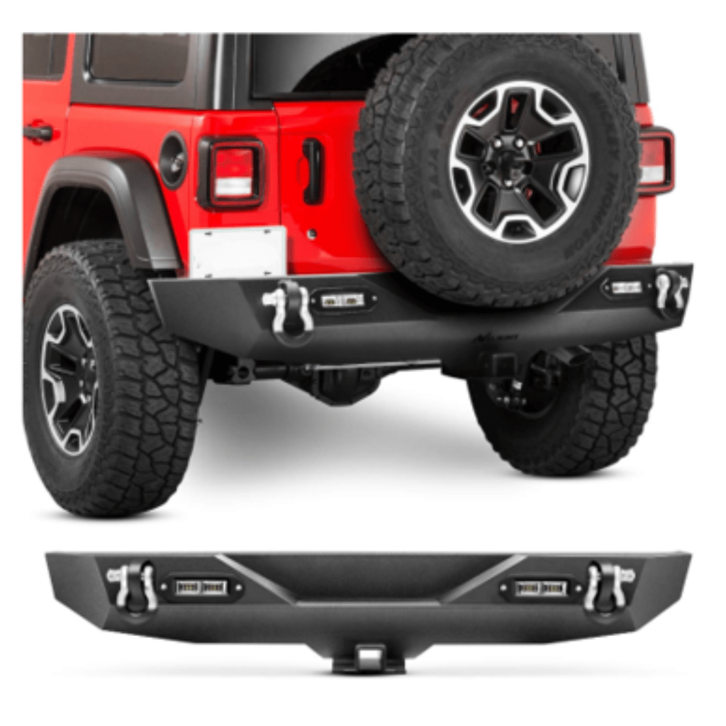 Rase Tire and Auto LLC car parts JK-57A Rear Compatible for 18-19 Jeep Wrangler JL,Rock Crawler Bumper with Hitch Receiver & 2X Upgraded 40W LED Lights