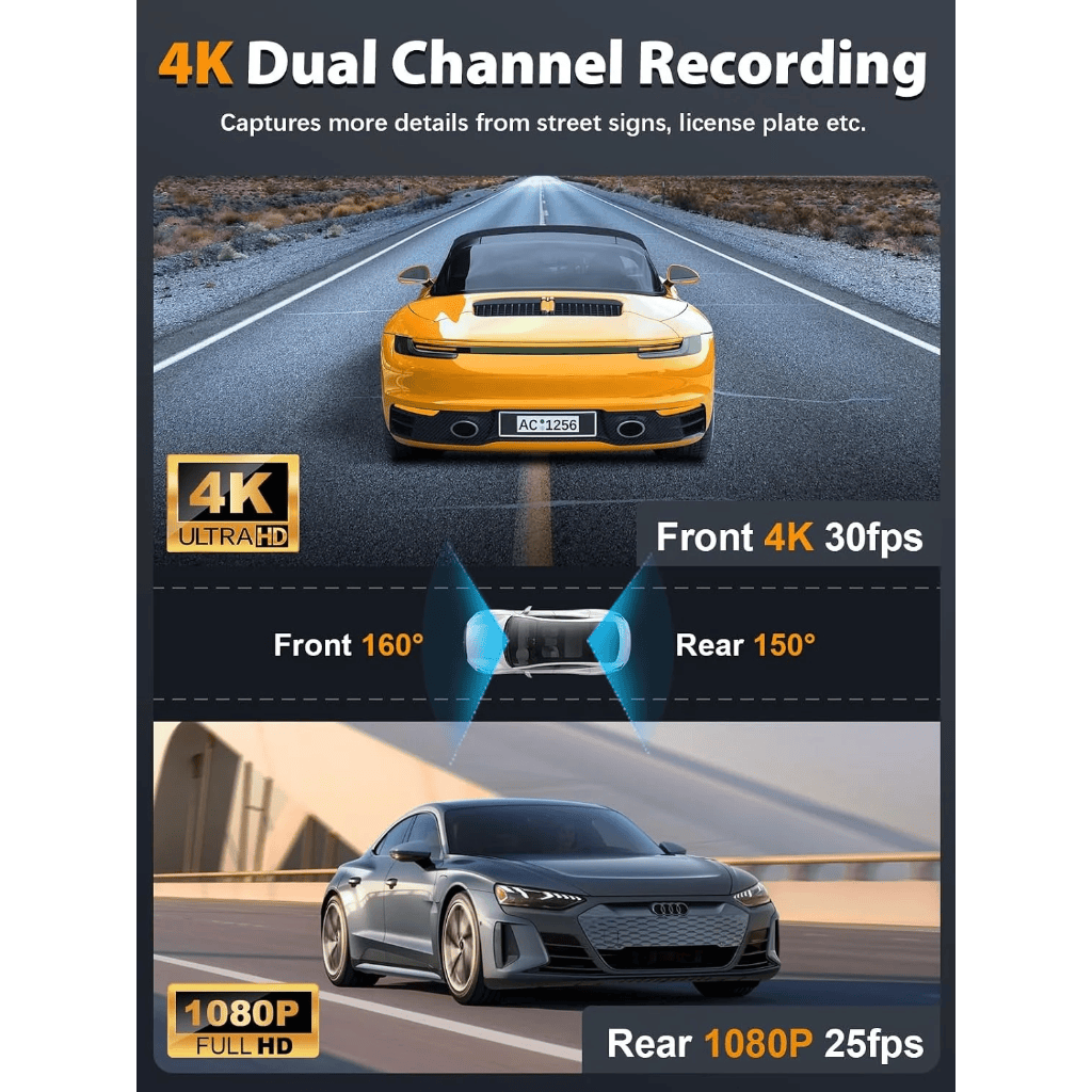 RASE Tire and Auto LLC  Dash Cam Front and Rear 4K+1080P, Free 64GB Card, Built-in WiFi, Dash Camera for Cars, Car Camera, Dual Dashcams for Cars with Night Vision, 24 Hours Parking Monitor, Loop Recording