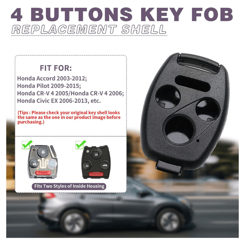 RASE Tire and Auto LLC  Key Fob Shell Replacement Honda Accord 2003-2012 / Civic EX 2006-2013 / Pilot 2009-2015 / CR-V 2005-2006 4 Button Car Keyless Entry Remote Control Key Fob Case Cover - NO Cutting Require