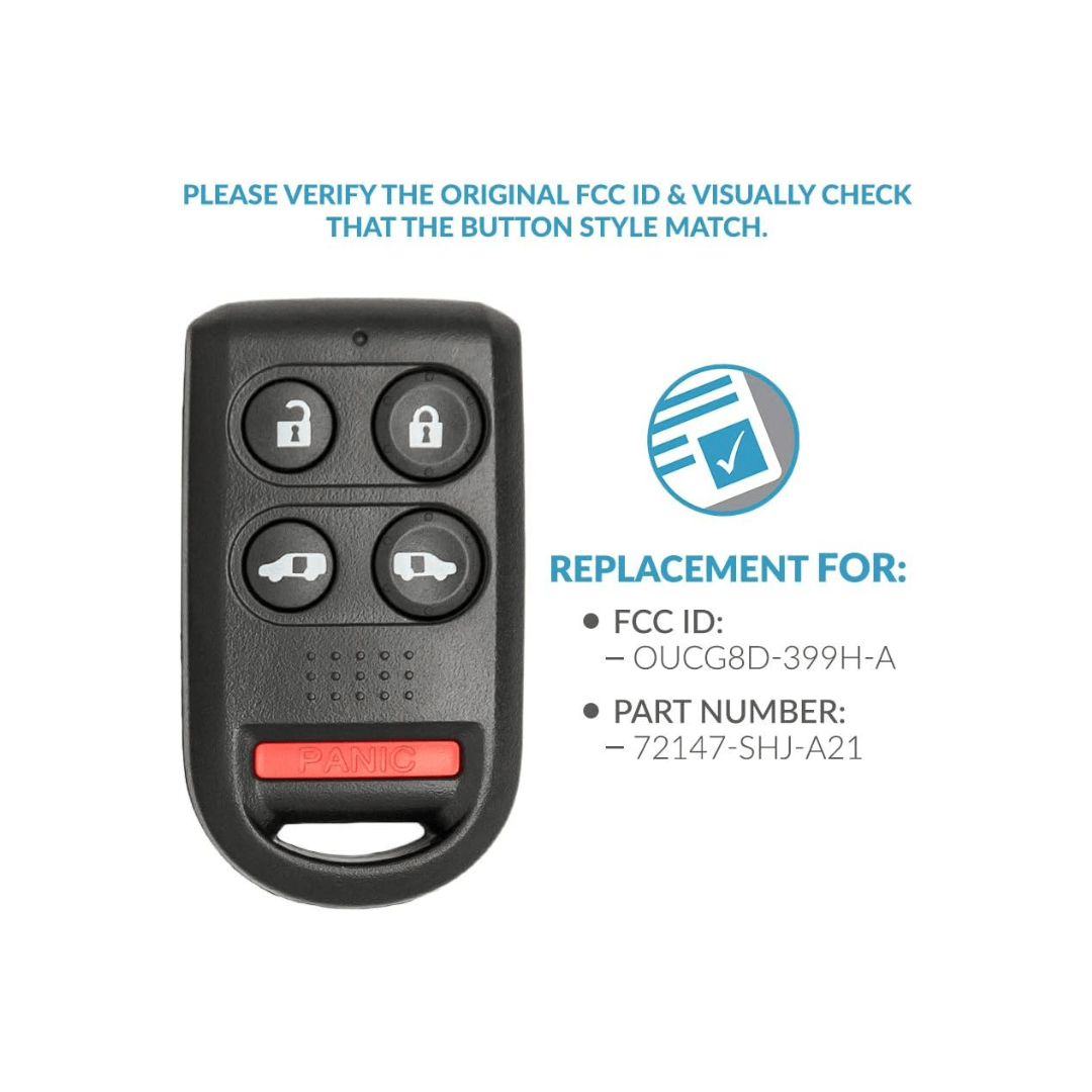 RASE Tire and Auto LLC Keyless Entry Remote Car Key Fob for Select Honda Odyssey Vehicles That use OUCG8D-399H-A 72147-SHJ-A21, 5 Button