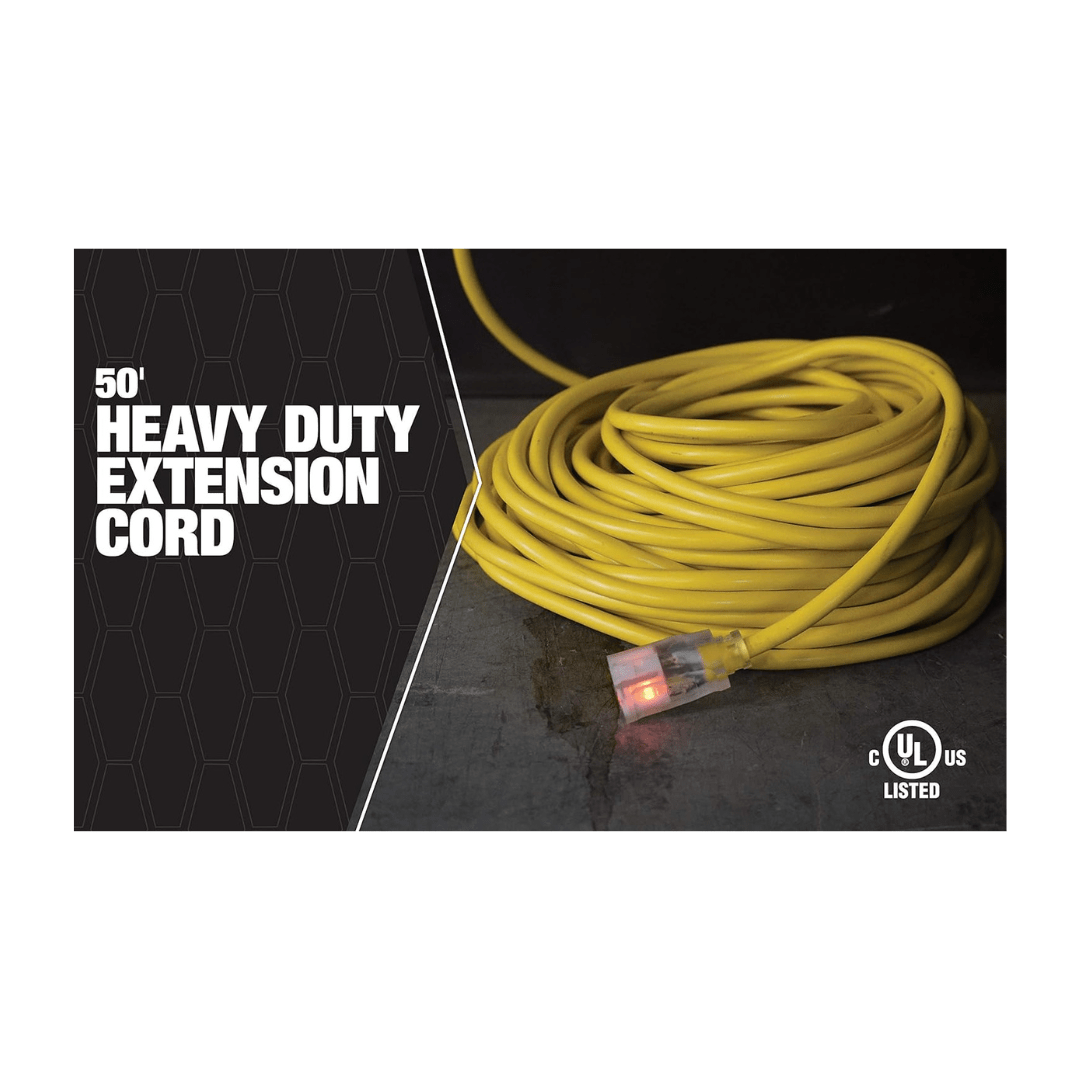 RASE Tire and Auto LLC Outdoor Cord-12/3 SJTW Heavy Duty 3 Prong Extension Cord-for Commercial Use (50'; Yellow); 50 Feet