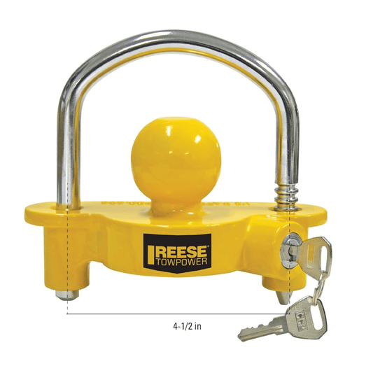 RASE Tire and Auto LLC  REESE Towpower 72783 Coupler Lock, Adjustable Storage Security, Heavy-Duty Steel, Yellow and Chrome ( Universal Fit)
