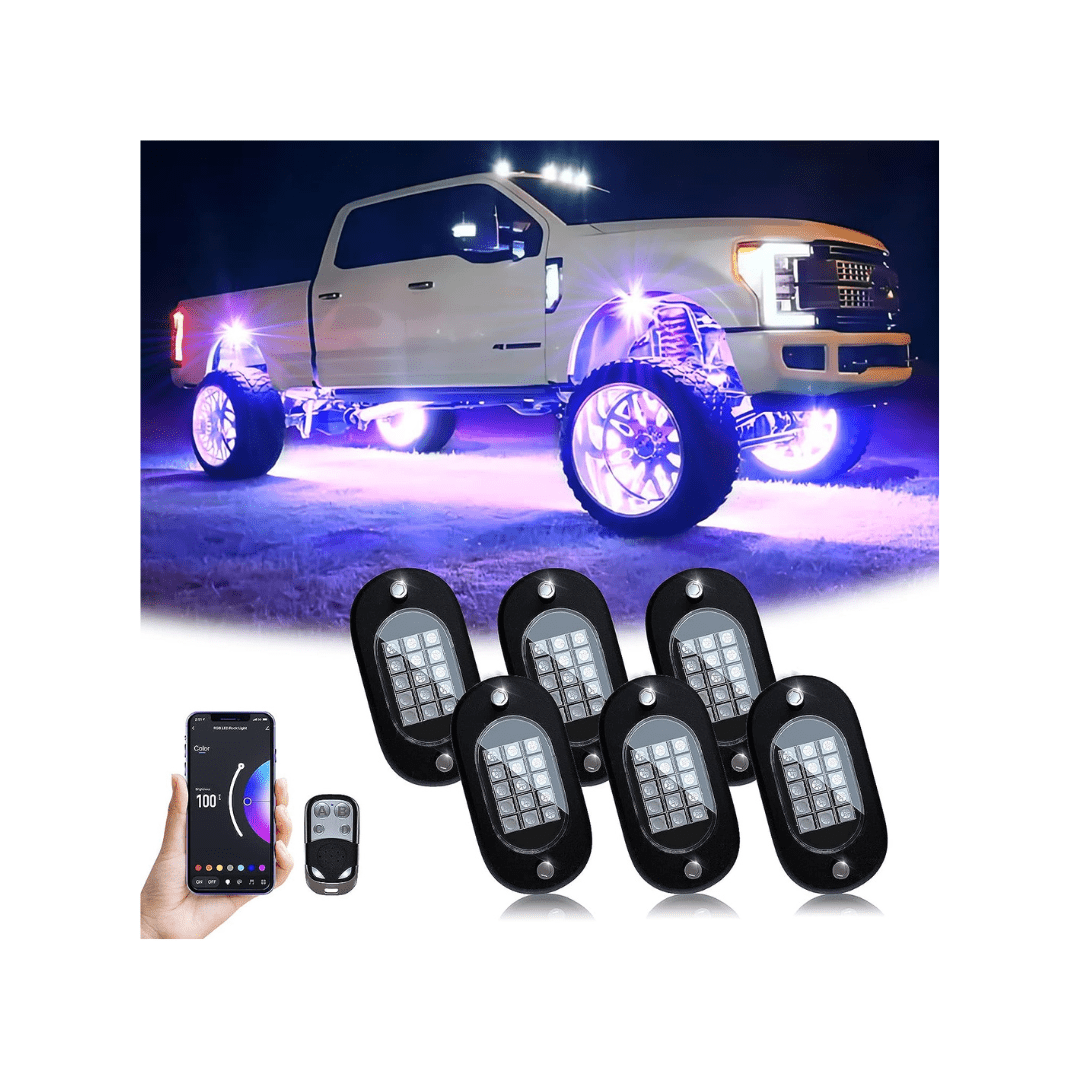 RASE Tire and Auto LLC RGB LED Rock Lights, with Phone App/Remote Control & Timing & Music Mode Waterproof AUTO (6 Pods)