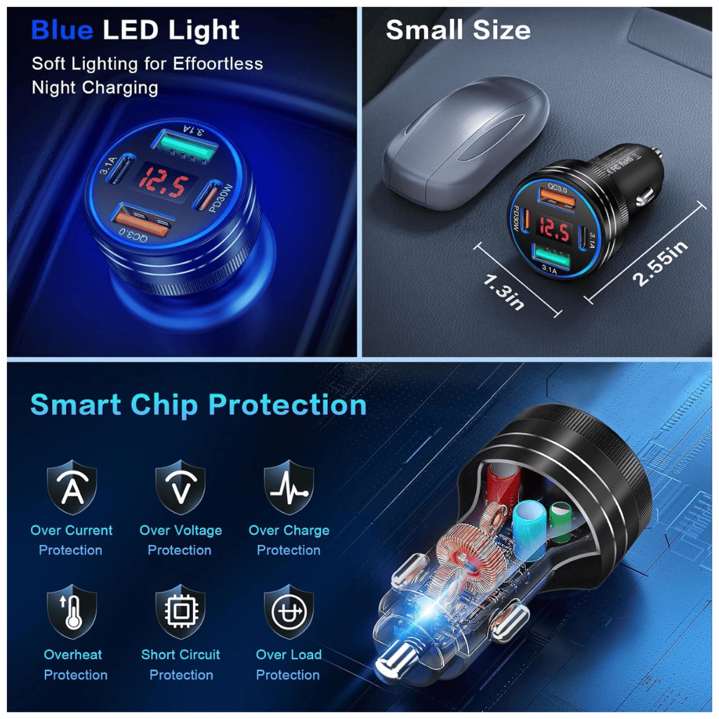 RASE Tire and Auto LLC  USB C Car Charger, 65W 4-Port Car Charger Adapter with Voltmeter